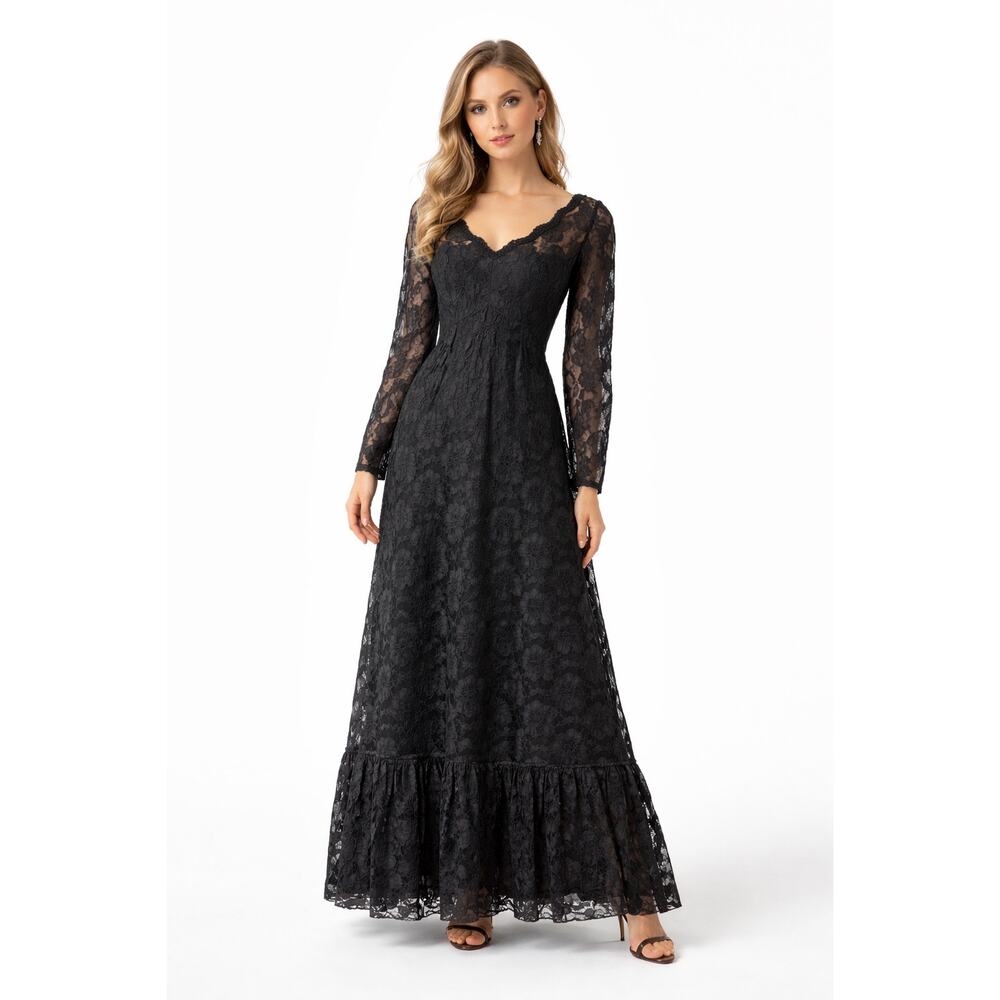 1970s Handmade Black Lace Maxi Dress Scalloped Hem Empire Waist small